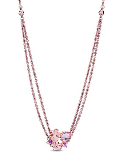 PANDORA Moments 14k Rose Gold Plated Crystal Layered Flower Necklace - Metallic