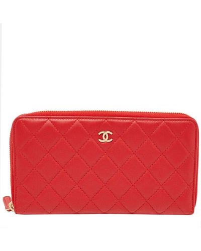 Chanel Quilted Leather Single Flap Zip Around Organizer Wallet (Authentic Pre-Owned) - Red