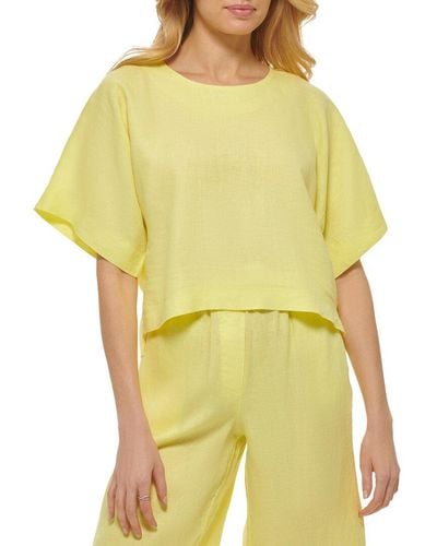 DKNY Drop Shoulder Linen Cropped T-Shirt - Yellow