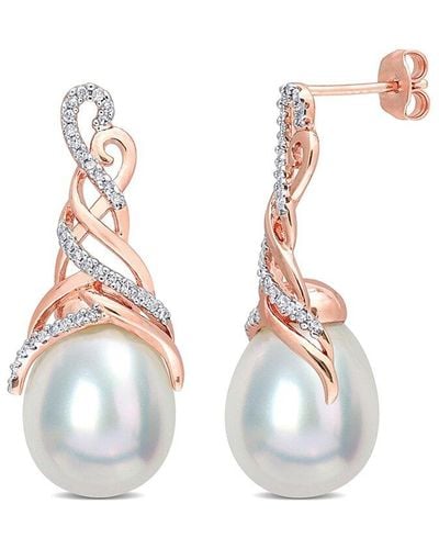 Rina Limor Rose Over Silver 0.33 Ct. Tw. Diamond 12-12.5mm Pearl Criss-cross Earrings - White
