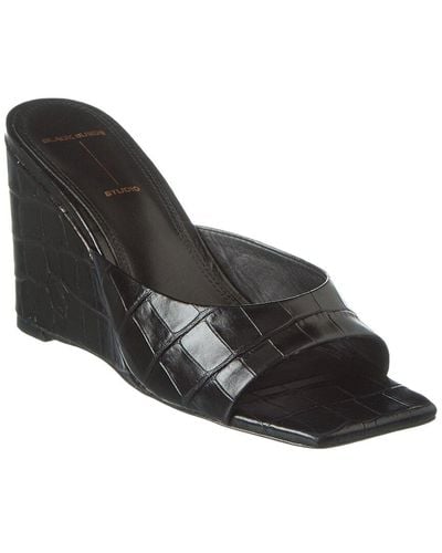 Black Suede Studio Paloma Croc-embossed Leather Wedge Sandal - Black