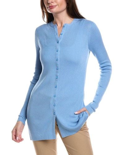 Lafayette 148 New York Ribbed Button Front Silk-Sweater - Blue