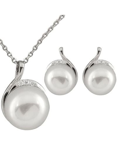 Splendid Rhodium Over Silver 9-10mm Pearl Necklace & Earrings Set - Metallic