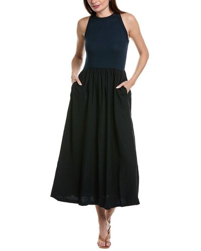 Stateside Mixed Media High-neck Linen-blend Maxi Dress - Black