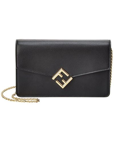 Fendi Ff Diamonds Leather Wallet On Chain - Black
