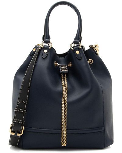 Fendi Leather Textile Karligraphy Chain Bucket Bag (Authentic Pre-Owned) - Blue