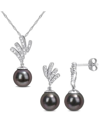 Rina Limor 10k 0.1 Ct. Tw. Diamond 8-8.5mm Pearl Jewelry Set - Metallic
