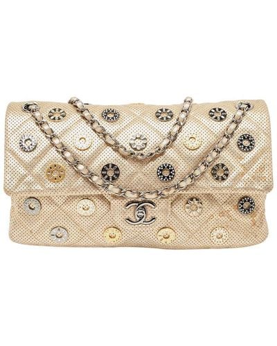 Chanel Quilted Perforated Leather Embellished East/West Classic Double Flap Bag (Authentic Pre-Owned) - Natural