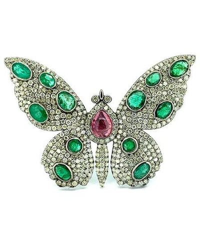 Arthur Marder Fine Jewelry Silver 7.50 Ct. Tw. Diamond & Emerald Butterfly Pendant - Green