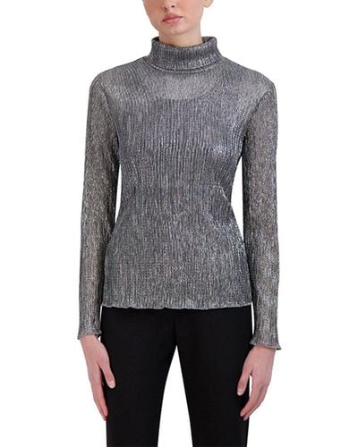BCBGMAXAZRIA Sheer Metallic Turtleneck Knit Top - Gray