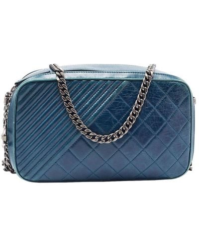 Chanel Quilted Leather Coco Boy Camera Case Bag (Authentic Pre-Owned) - Blue