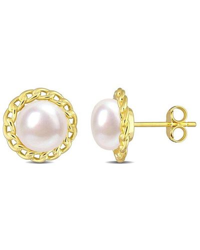 Rina Limor Gold Over Silver 8-8.5mm Pearl Halo Studs - Metallic