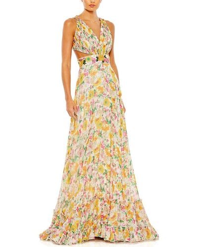 Mac Duggal Floral Print Cut Out Lace Up Tiered Gown - Metallic