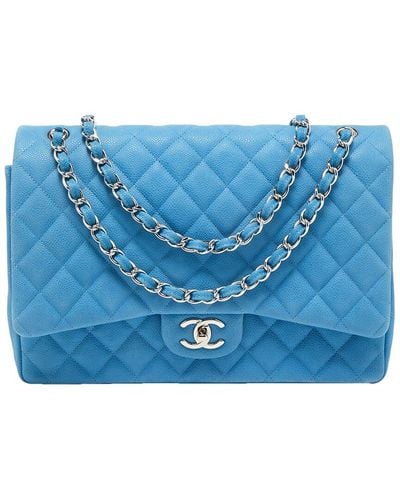 Chanel Quilted Caviar Leather Maxi Classic Double Flap Bag (Authentic Pre-Owned) - Blue