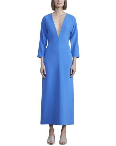 Lafayette 148 New York Deep V Silk Midi Dress - Blue