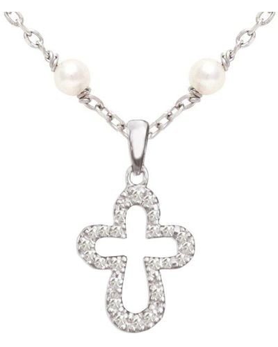 Jane Basch Silver 0.12 Ct. Tw. Diamond 2mm Pearl Cross Necklace - Metallic