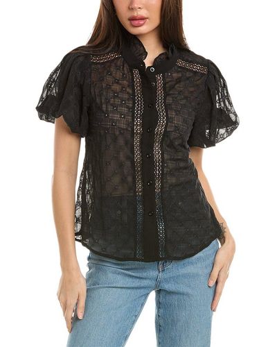 Gracia See-through Lace Puff Sleeve Shirt - Black