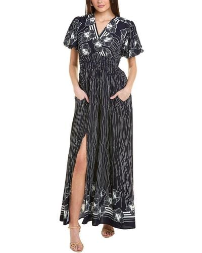 Gracia Lines & Flower Print V-wrap Maxi Dress - Black