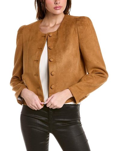 BCBGMAXAZRIA Relaxed Jacket Long Sleeve Faux Suede Round Neck Button Up Coat - Brown