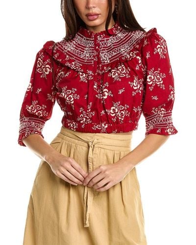 Sea Alessia Print Puff Sleeve Cropped Top - Red