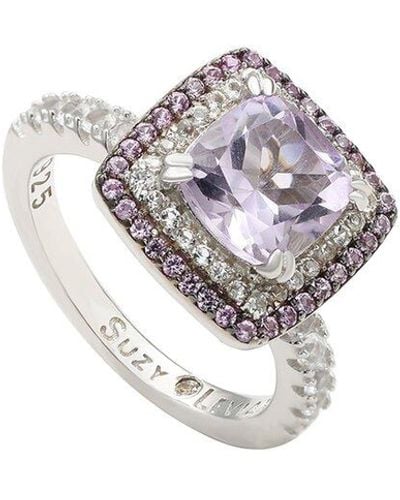 Suzy Levian Silver 0.02 Ct. Tw. Diamond & Gemstone Double Halo Ring - White