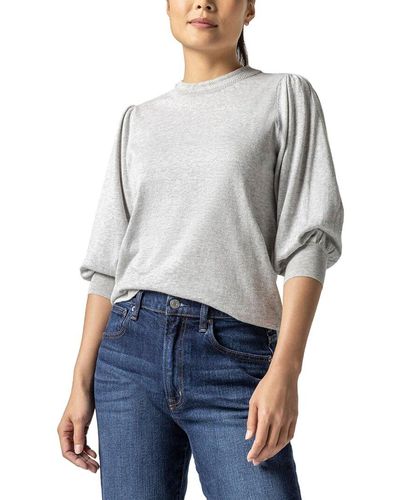 Lilla P Rib Trim Puff Sleeve Linen-blend Sweater - Gray