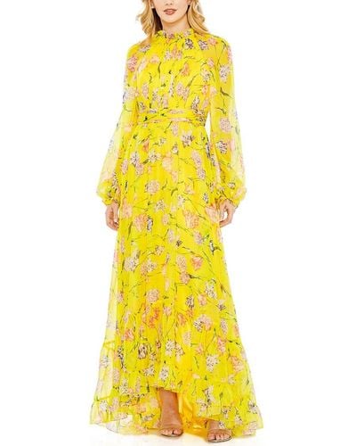 Mac Duggal Floral Print Chiffon Ruched Raglan Sleeve Gown - Yellow