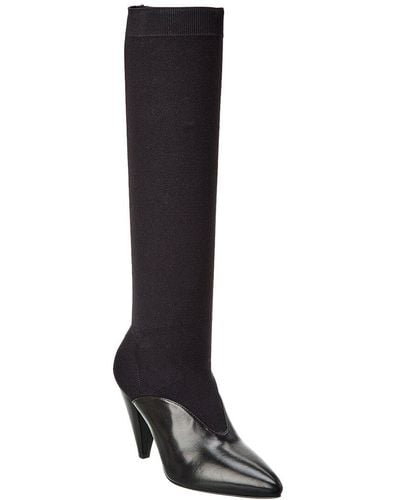 Prada Logo Knit & Leather Pointy-toe Knee-high Boot - Black