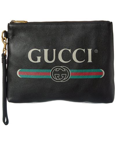 Gucci Logo Printed Leather Wristlet - Black
