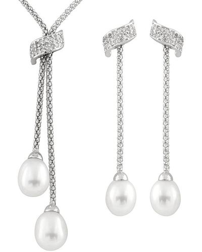 Splendid Silver 7-9mm Freshwater Pearl & Cz Earrings & Necklace Set Set - White