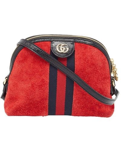 Gucci Fabric & Leather & Suede Small Web Ophidia Shoulder Bag (Authentic Pre-Owned) - Red