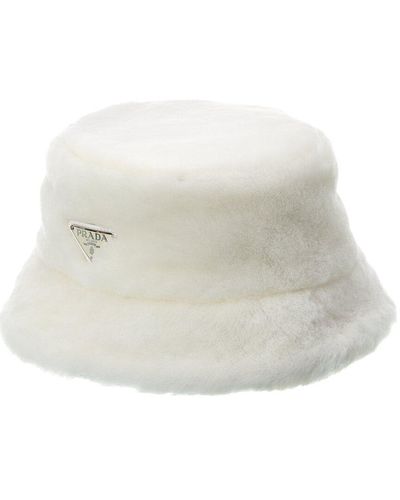 Prada Logo Silk-lined Shearling Bucket Hat - White