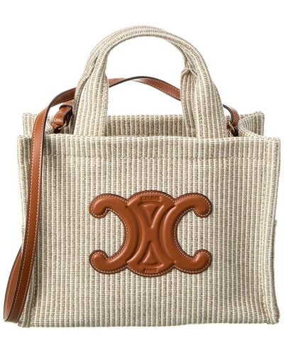 Celine Cabas Thais Small Striped Canvas Tote - Brown