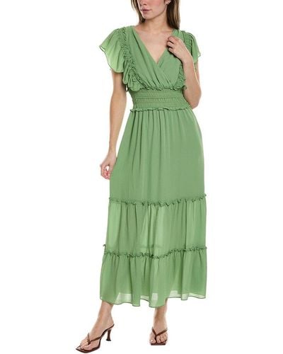 Max Studio Crepe Flutter Sleeve Smocked Maxi Dress - Green