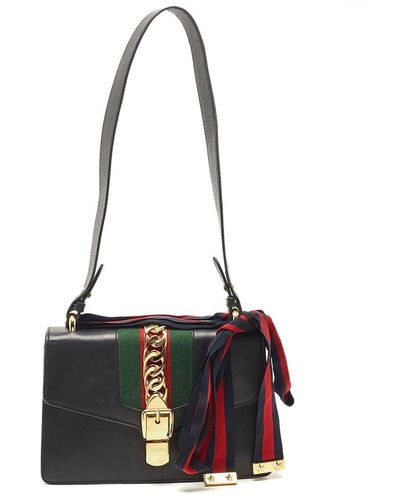 Gucci Leather Small Web Sylvie Shoulder Bag (Authentic Pre-Owned) - Black