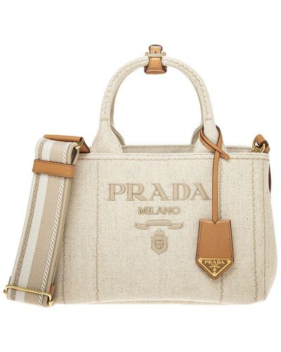 Prada Linen-blend Small Leather-trim Bag - Natural