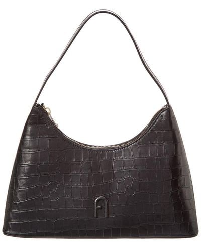 Furla Diamante Small Croc-embossed Leather Shoulder Bag - Black