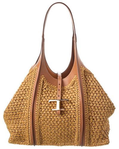Tod's T Timeless Medium Leather & Raffia Tote - Brown
