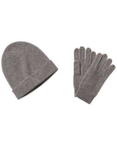 Qi 2pc Ribbed Cashmere Hat & Glove Set - Grey