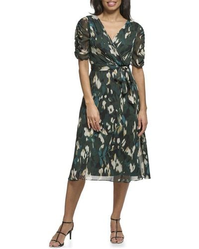 DKNY Ruched Sleeve Faux Wrap Dress - Green