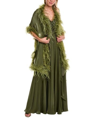 Badgley Mischka Feather Wrap Gown - Green