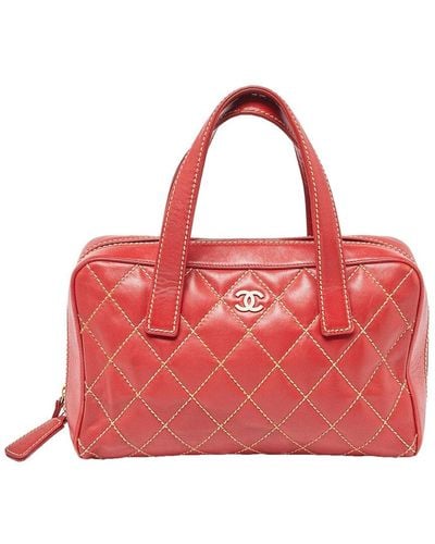 Chanel Quilted Leather Surpique Bowler Bag (Authentic Pre-Owned) - Red