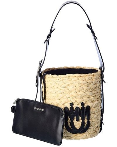 Miu Miu Logo Straw & Leather Bucket Bag - Black