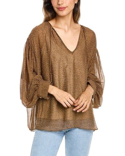 Vince Starry Dot Shirred Neck Blouse - Brown