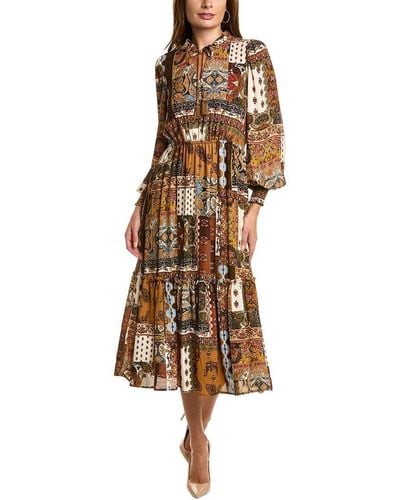 Tahari Patchwork Midi Dress - Brown