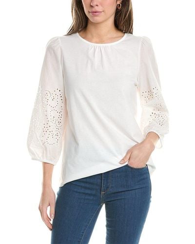 Jones New York Woven Embroidered Sleeve Top - White