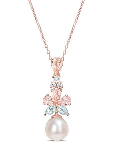 Rina Limor 18k Rose Gold Over Silver 2.76 Ct. Tw. Gemstone 9.5-10mm Pearl Floral Drop Pendant - Metallic