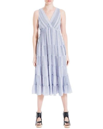 Max Studio Yarn Dye V Neck Tiered Midi Dress - Blue