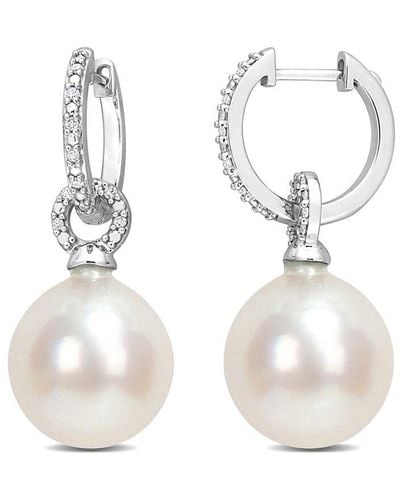 Rina Limor Contemporary Pearls 14k 0.09 Ct. Tw. Diamond 12-12.5mm Pearl Huggie Earrings - White