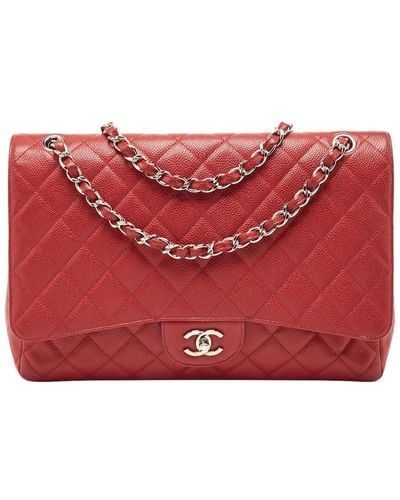 Chanel Quilted Caviar Leather Maxi Classic Double Flap Bag (Authentic Pre-Owned) - Red